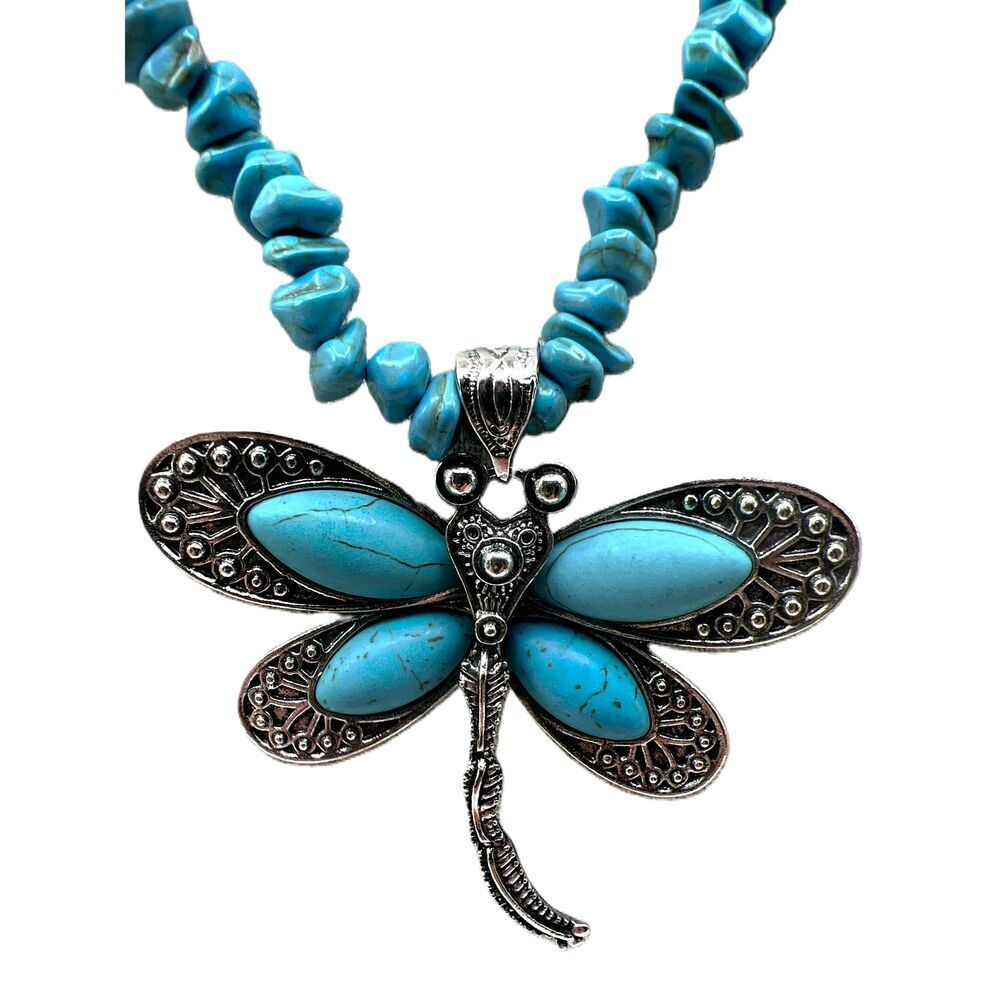 NWOT Turquoise Stones Dragonfly Pendant Beaded Necklace - Picture 3 of 10